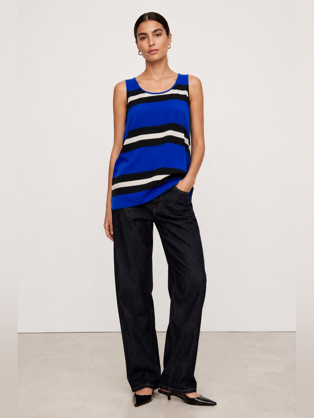 NWT Banana Republic Matte Silk Striped Tank Top Cobalt Blue Black S
